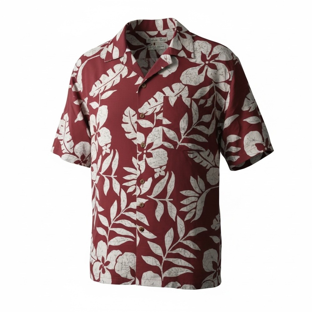 Batik Bay Mens Silk Hawaiian‎ Shirt Red White Floral Tropical Camp Aloha Large